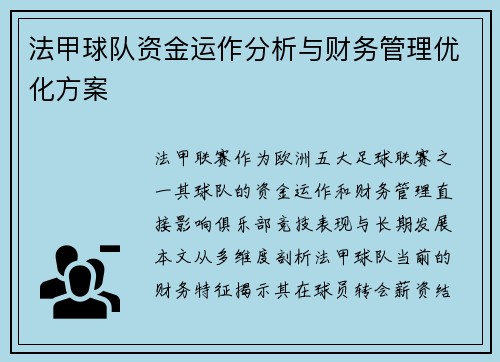 法甲球队资金运作分析与财务管理优化方案